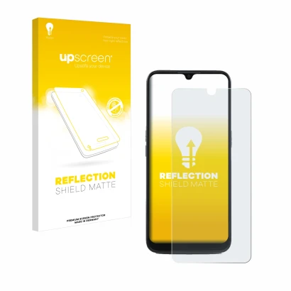 Vorderseite einer Produktverpackung mit dem Markenlogo upscreen. Daneben ist das Gerät Doro 8100 mit dem zugehörigen Displaysc