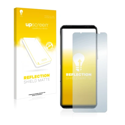 Vorderseite einer Produktverpackung mit dem Markenlogo upscreen. Daneben ist das Gerät ASUS ROG Phone 6D Ultimate mit dem zuge