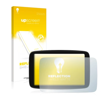 Vorderseite einer Produktverpackung mit dem Markenlogo upscreen. Daneben ist das Gerät TomTom GO Camper Max mit dem zugehörige