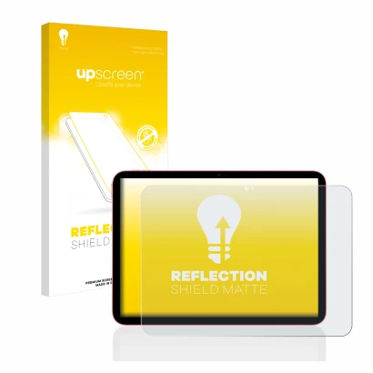 Vorderseite einer Produktverpackung mit dem Markenlogo upscreen. Daneben ist das Gerät Apple iPad 10.9