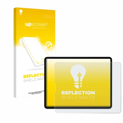 Vorderseite einer Produktverpackung mit dem Markenlogo upscreen. Daneben ist das Gerät Apple iPad Pro 12.9" 2022 (im Querforma