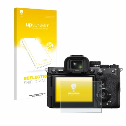 Vorderseite einer Produktverpackung mit dem Markenlogo upscreen. Daneben ist das Gerät Sony Alpha 7R V / a7R V mit dem zugehör