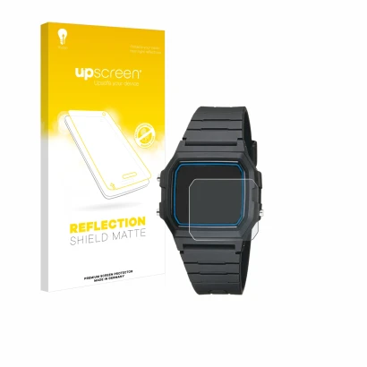 Vorderseite einer Produktverpackung mit dem Markenlogo upscreen. Daneben ist das Gerät Casio F-105W-1AWYEF mit dem zugehörigen