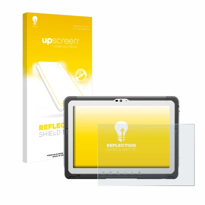 Vorderseite einer Produktverpackung mit dem Markenlogo upscreen. Daneben ist das Gerät Panasonic Toughbook FZ-A3 mit dem zugeh