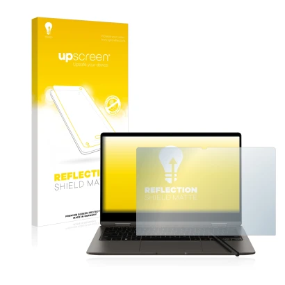 Vorderseite einer Produktverpackung mit dem Markenlogo upscreen. Daneben ist das Gerät Samsung Galaxy Book3 360 13