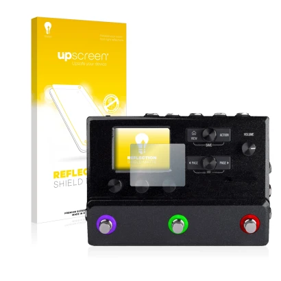 Vorderseite einer Produktverpackung mit dem Markenlogo upscreen. Daneben ist das Gerät Line 6 hx stomp mit dem zugehörigen Dis
