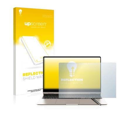 Vorderseite einer Produktverpackung mit dem Markenlogo upscreen. Daneben ist das Gerät Samsung Galaxy Book3 360 15.6" mit dem 