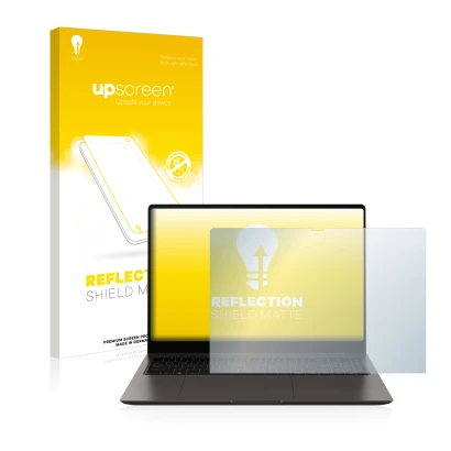 Vorderseite einer Produktverpackung mit dem Markenlogo upscreen. Daneben ist das Gerät Samsung Galaxy Book3 Ultra 16" mit dem 