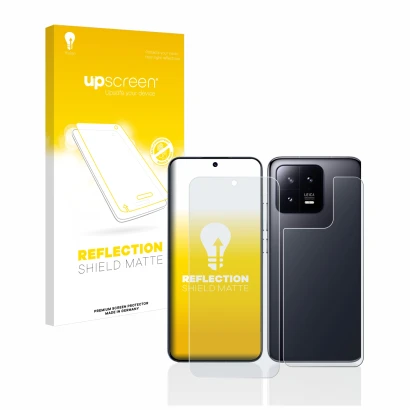 Vorderseite einer Produktverpackung mit dem Markenlogo upscreen. Daneben ist das Gerät Xiaomi 13 (Display+Rückseite) mit dem z