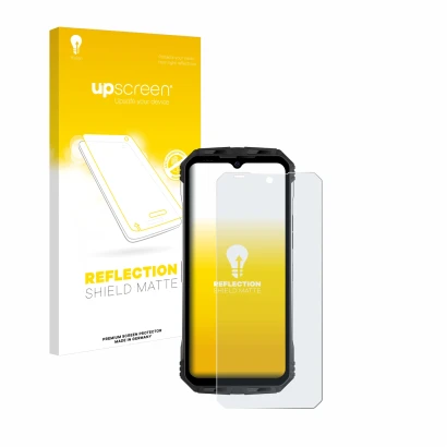 Vorderseite einer Produktverpackung mit dem Markenlogo upscreen. Daneben ist das Gerät Doogee S100 mit dem zugehörigen Display