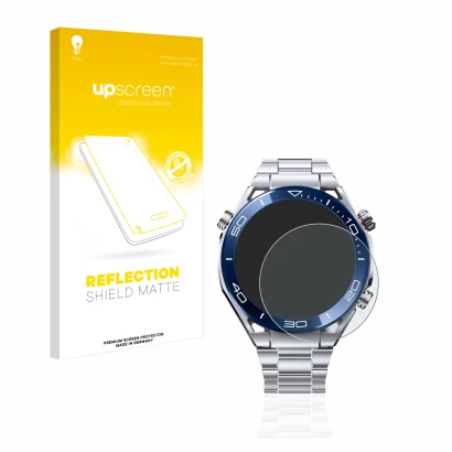 Vorderseite einer Produktverpackung mit dem Markenlogo upscreen. Daneben ist das Gerät Huawei Watch Ultimate (48.5 mm) mit dem