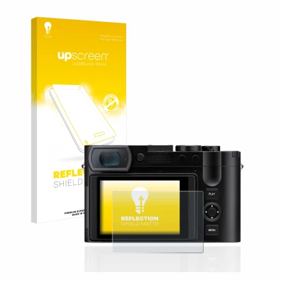 Vorderseite einer Produktverpackung mit dem Markenlogo upscreen. Daneben ist das Gerät Leica Q3 mit dem zugehörigen Displaysch