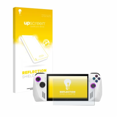 Vorderseite einer Produktverpackung mit dem Markenlogo upscreen. Daneben ist das Gerät ASUS ROG Ally (2023) RC71L mit dem zuge