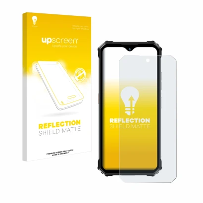 Vorderseite einer Produktverpackung mit dem Markenlogo upscreen. Daneben ist das Gerät Oukitel WP26 mit dem zugehörigen Displa