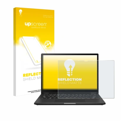 Vorderseite einer Produktverpackung mit dem Markenlogo upscreen. Daneben ist das Gerät ASUS ROG Flow X13 2023 mit dem zugehöri