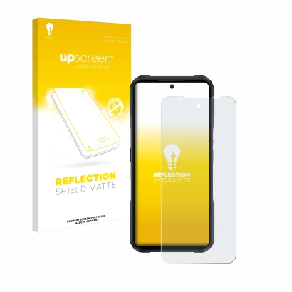 Vorderseite einer Produktverpackung mit dem Markenlogo upscreen. Daneben ist das Gerät Doogee V20 Pro mit dem zugehörigen Disp