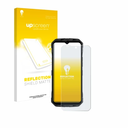 Vorderseite einer Produktverpackung mit dem Markenlogo upscreen. Daneben ist das Gerät Doogee V30T mit dem zugehörigen Display