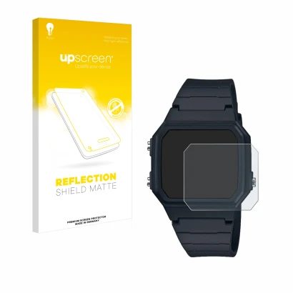 Vorderseite einer Produktverpackung mit dem Markenlogo upscreen. Daneben ist das Gerät Casio W-217H-1AVCF mit dem zugehörigen