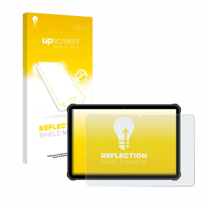 Vorderseite einer Produktverpackung mit dem Markenlogo upscreen. Daneben ist das Gerät Oukitel RT5 mit dem zugehörigen Display
