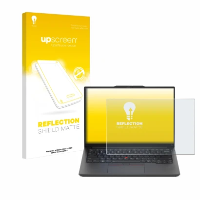 Vorderseite einer Produktverpackung mit dem Markenlogo upscreen. Daneben ist das Gerät Lenovo ThinkPad E14 Gen 5 mit dem zugeh