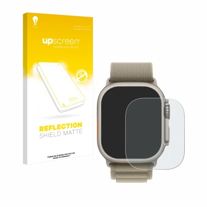 Vorderseite einer Produktverpackung mit dem Markenlogo upscreen. Daneben ist das Gerät Apple Watch Ultra 2 (49 mm) mit dem zug