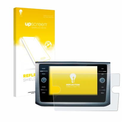 Vorderseite einer Produktverpackung mit dem Markenlogo upscreen. Daneben ist das Gerät Volkswagen Passat B8 Discover Media 8"