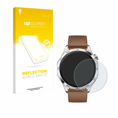 Vorderseite einer Produktverpackung mit dem Markenlogo upscreen. Daneben ist das Gerät Huawei Watch GT 4 (46mm) mit dem zugehö