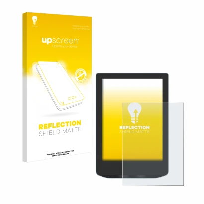 Vorderseite einer Produktverpackung mit dem Markenlogo upscreen. Daneben ist das Gerät PocketBook Verse mit dem zugehörigen Di
