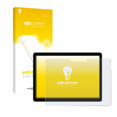 Vorderseite einer Produktverpackung mit dem Markenlogo upscreen. Daneben ist das Gerät Microsoft Surface Go 4 mit dem zugehöri