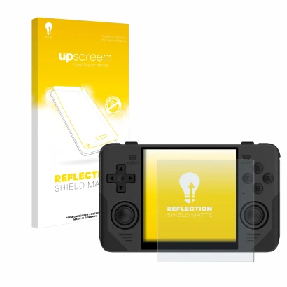 Vorderseite einer Produktverpackung mit dem Markenlogo upscreen. Daneben ist das Gerät Powkiddy RGB30 mit dem zugehörigen Disp