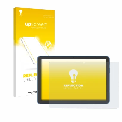 Vorderseite einer Produktverpackung mit dem Markenlogo upscreen. Daneben ist das Gerät Amazon Fire HD 10 2023 (13. Gen.) mit d