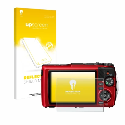 Vorderseite einer Produktverpackung mit dem Markenlogo upscreen. Daneben ist das Gerät Olympus OM System Tough TG-7 mit dem zu