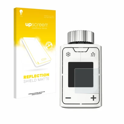 Vorderseite einer Produktverpackung mit dem Markenlogo upscreen. Daneben ist das Gerät AVM FRITZ!DECT 302 mit dem zugehörigen