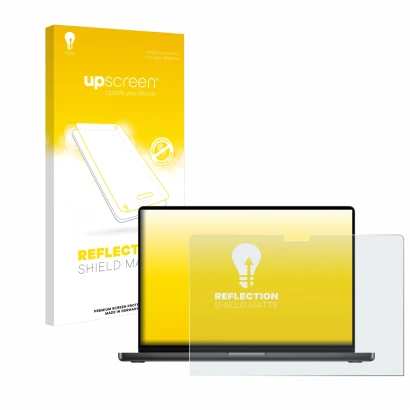 Vorderseite einer Produktverpackung mit dem Markenlogo upscreen. Daneben ist das Gerät Apple MacBook Pro 14" M3 2023 mit dem z