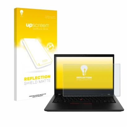 Vorderseite einer Produktverpackung mit dem Markenlogo upscreen. Daneben ist das Gerät Lenovo ThinkPad P14s Gen 2 mit dem zuge