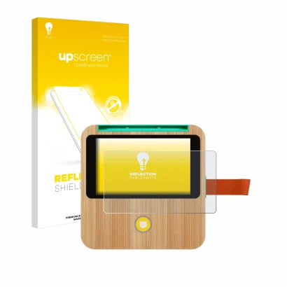 Vorderseite einer Produktverpackung mit dem Markenlogo upscreen. Daneben ist das Gerät tigerbox Touch Plus mit dem zugehörigen