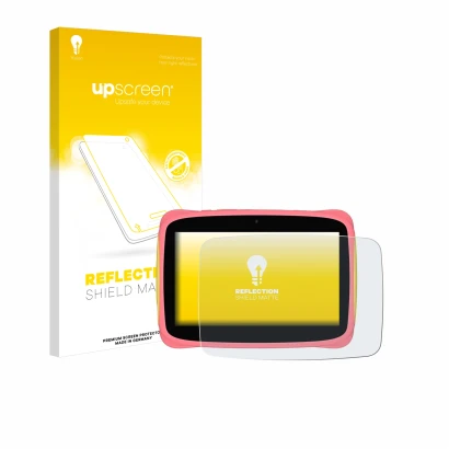 Vorderseite einer Produktverpackung mit dem Markenlogo upscreen. Daneben ist das Gerät Blackview Tab 3 Kids mit dem zugehörige