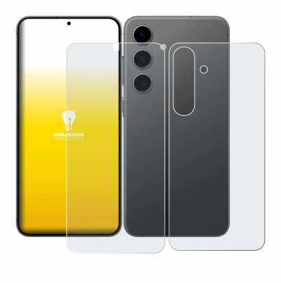 Abbildung des Geräts Samsung Galaxy S24 (Display+Rückseite) mit einer Vielzahl des Displayschutzes.