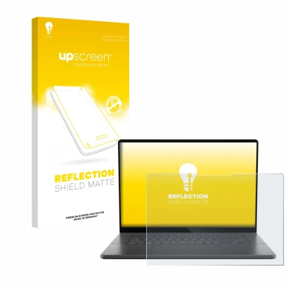 Vorderseite einer Produktverpackung mit dem Markenlogo upscreen. Daneben ist das Gerät ASUS ROG Zephyrus G16 2024 mit dem zuge