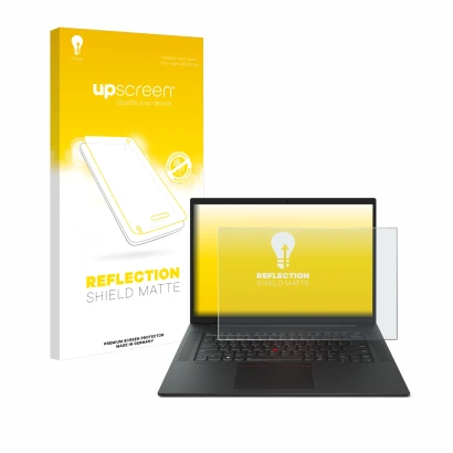 Vorderseite einer Produktverpackung mit dem Markenlogo upscreen. Daneben ist das Gerät Lenovo ThinkPad P1 Gen 6 16" mit dem zu