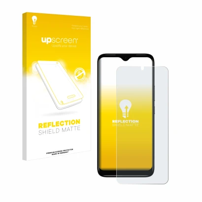 Vorderseite einer Produktverpackung mit dem Markenlogo upscreen. Daneben ist das Gerät Nokia C12 mit dem zugehörigen Displaysc