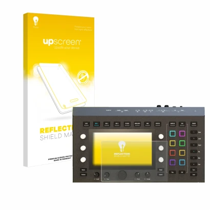 Vorderseite einer Produktverpackung mit dem Markenlogo upscreen. Daneben ist das Gerät Waldorf Iridium Core mit dem zugehörige