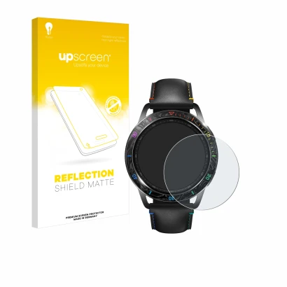 Vorderseite einer Produktverpackung mit dem Markenlogo upscreen. Daneben ist das Gerät Xiaomi Watch S3 mit dem zugehörigen Dis