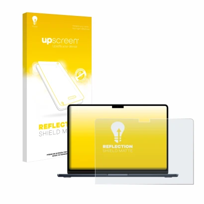 Vorderseite einer Produktverpackung mit dem Markenlogo upscreen. Daneben ist das Gerät Apple MacBook Air 13