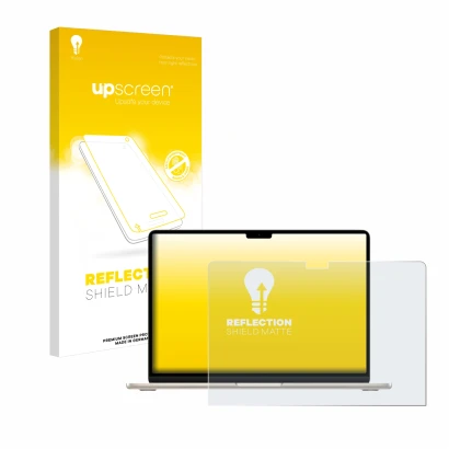 Vorderseite einer Produktverpackung mit dem Markenlogo upscreen. Daneben ist das Gerät Apple MacBook Air 15