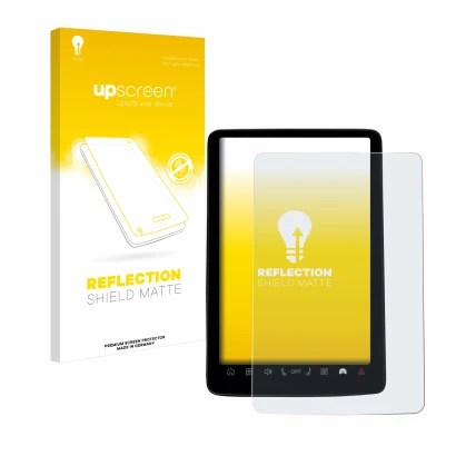 Vorderseite einer Produktverpackung mit dem Markenlogo upscreen. Daneben ist das Gerät Volvo EX30 12.3" mit dem zugehörigen Di