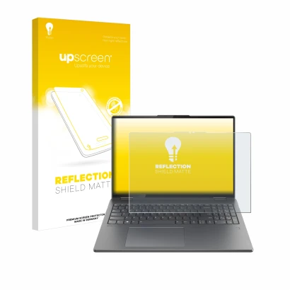 Vorderseite einer Produktverpackung mit dem Markenlogo upscreen. Daneben ist das Gerät Lenovo Yoga 7i 2-in-1 Gen 9 16" mit dem