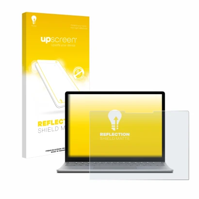 Vorderseite einer Produktverpackung mit dem Markenlogo upscreen. Daneben ist das Gerät Microsoft Surface Laptop 6 15