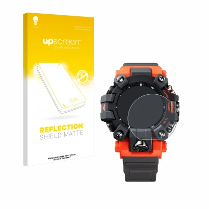 Vorderseite einer Produktverpackung mit dem Markenlogo upscreen. Daneben ist das Gerät Casio G-Shock GW-9500 mit dem zugehörig