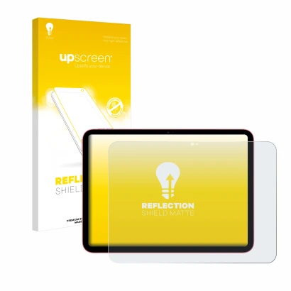 Vorderseite einer Produktverpackung mit dem Markenlogo upscreen. Daneben ist das Gerät Apple iPad 10.9" 2022 (10. Gen.) mit de